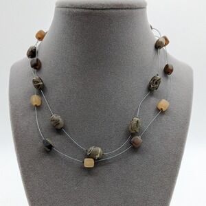 Double Strand Illusion Necklace Earthy Stone Beads Brown Tan Toggle Clasp 17in